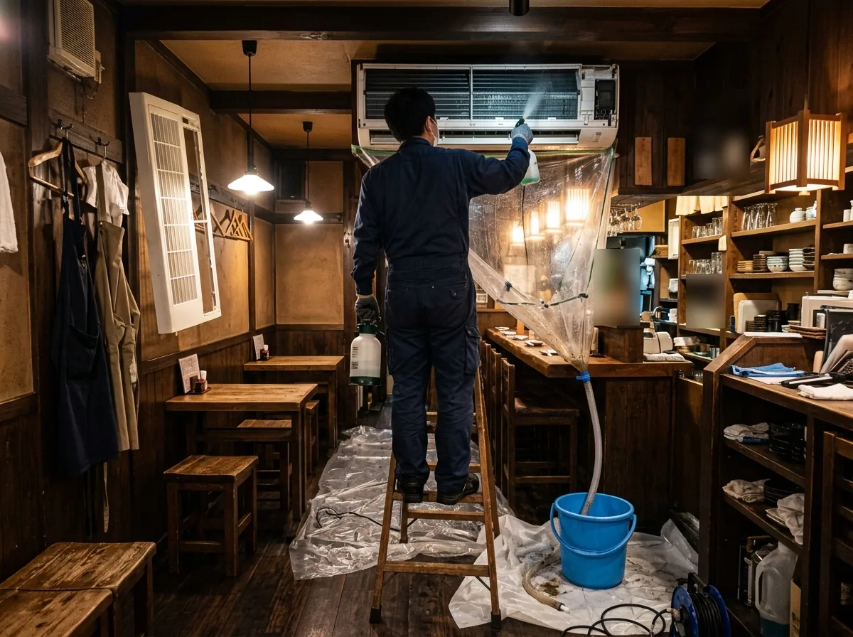 閉店後の飲食店で、テーブルと椅子をよけ、壁の業務用エアコンの下に洗浄カバーを付けて洗っている作業者の後ろ姿