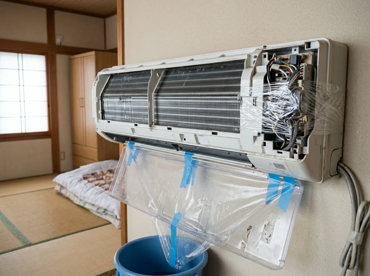 送風ファンを抜いたエアコン本体の内部で、銀色の熱交換器の裏側が見えている様子