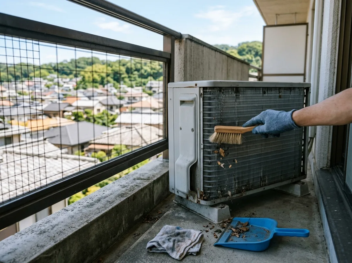 マンションのベランダで、室外機の裏側のフィンにたまったほこりや落ち葉をブラシで払っている手元